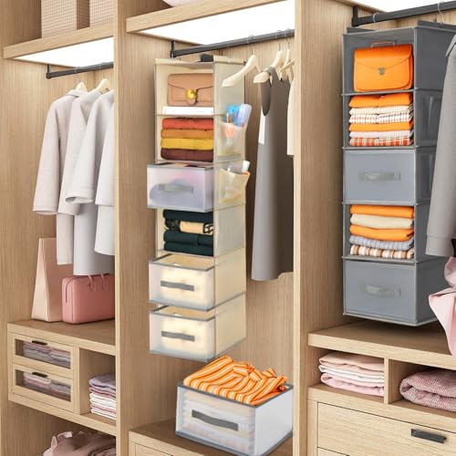 6-Tier Hanging Closet Organizer with 3Drawers and Side Pockets-Multi-FunctionalStorage for Shoes, Belts, Purses, and Clothing - color: 6-shelf -Beige