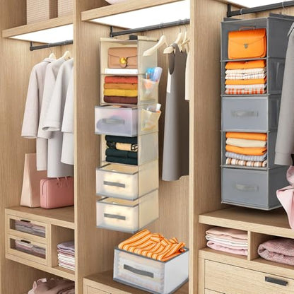 6-Tier Hanging Closet Organizer with 3Drawers and Side Pockets-Multi-FunctionalStorage for Shoes, Belts, Purses, and Clothing - color: 6-shelf -Beige