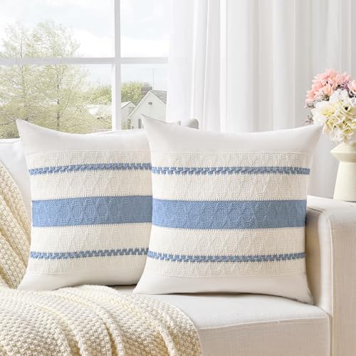 Fancy Homi Set of 2 Boho Light Blue Decorative Throw Pillow Cover 16x16 Inch for Couch Bed Sofa, Aesthetic Modern Organic Farmhouse Home Decor, Soft Cotton Cute Accent Macrame Woven Cushion Case - color: Light Blue, size: 16" x 16" (Pack of 2)