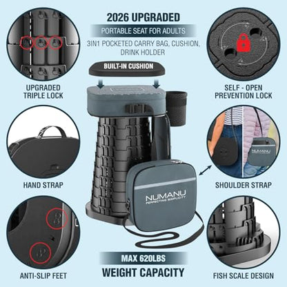 NUMANU 2026 Upgraded XXL Collapsible Stool & 3IN1 Cushioned Carry Bag, 2.6"-19.7" Height Adjustable, Max 1,000lbs Portable Retractable Telescoping Seat, Foldable Camping Stool for Adults (XXL Square) - size: XXL Square (Stool & 3IN1 Carry Bag)