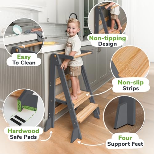 OCODILE Adjustable Foldable Toddler Tower – Folding Tower for Kids | Montessori Toddler Kitchen Step Stool Helper for Independence - Gray - color: 1 - Gray