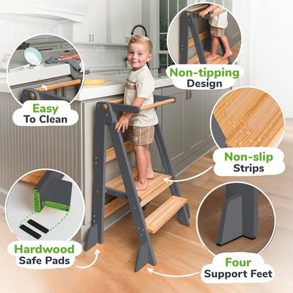 OCODILE Adjustable Foldable Toddler Tower – Folding Tower for Kids | Montessori Toddler Kitchen Step Stool Helper for Independence - Gray - color: 1 - Gray
