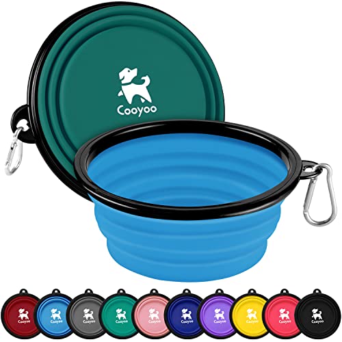 COOYOO Collapsible Dog Bowl,2 Pack Collapsible Dog Water Bowls for Cats Dogs,Portable Pet Feeding Watering Dish for Walking Parking Traveling with 2 Carabiners - color: 09#Sky Blue+Green, size: Small