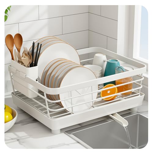Dish Drying Rack for Kitchen Counter, Stainless Steel Sink Organization and Storage Essentials with Cutlery Holder, 9.05''W x 15.35''L, Stainless Steel Dish Strainer with Utensil Holder