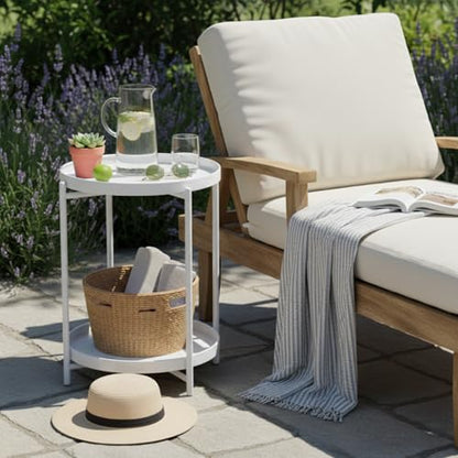 Danpinera 2 Tier Metal Side Table with Removable Tray - Round Accent Table, Anti-Rust White Nightstand for Bedroom, Balcony, Patio - color: White