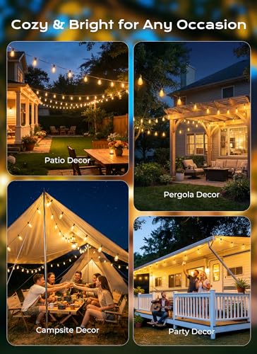 Brightown 37FT Solar String Lights Outdoor Waterproof, Patio Lights with Remote and 10+1 LED Shatterproof Bulbs, Dimmable & Timable, 3 Light Modes, Solar Lights Outdoor for Yard Camping Party Outside - size: 37FT(10 Sockets)