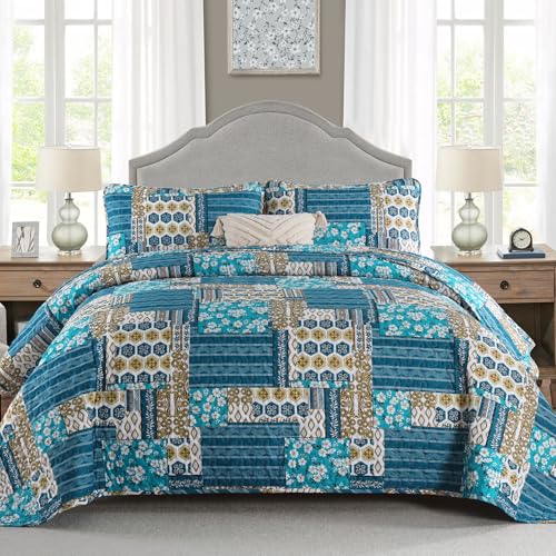 Mybedsoul Dusty Blue Quilt Set Queen Size, 3 Pieces Plaid Floral Bedspread Set Patchwork Reversible Bedding Set Microfiber Lightweight Bedspread Coverlet Set for All Season 96"x90" - color: Dusty Blue, size: Queen