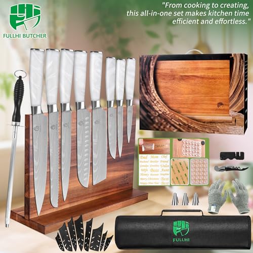 FULLHI 15pcs Japanese Knife Set with Magnetic Knife Block Holder, Stainless Steel Blades, White Resin Ergonomic Handles for Professional and Home Cooking - color: White, size: Magnetic Block Knife set