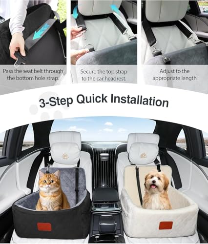 WOOAIDAGG Dog Car Seat for Small Dogs Under 30lbs, Comfy & Safe Travel Bed with Washable Cover, 2 Clip-On Safety Leashes and Pockets, Anti-Slip Base, Easy to Install(Black/Grey) - color: Black/Grey
