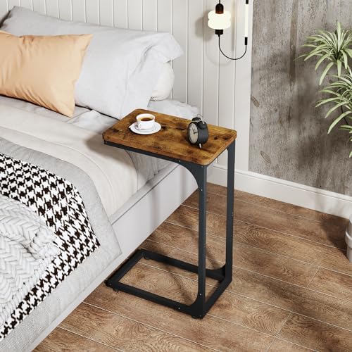 QEEIG Narrow C Shaped Side Table Set of 2 Living Room Sets Slim Couch Tray Tables Skinny Thin Small Farmhouse 9.5 inch Width, Rustic Brown (017-24BN) - color: A. Brown, size: 9.5" Width