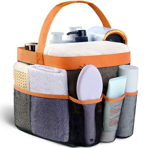 Attmu Mesh Shower Caddy Portable for College Dorm Room Camping Essentials, Shower Caddy Dorm with 9-Pockets, Large Capacity Hanging Basket Bathroom Bag for Toiletry, Swimming, Gym, Camp, Beach - color: Orange