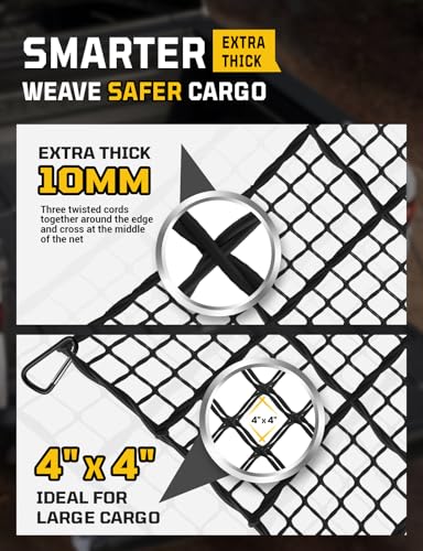 AUTOWN Cargo Net for Pickup Truck Bed - Stretchable 5' x 7' to 10' x 14' with 4" x 4" Mesh, Heavy Duty 10mm Cord Bungee Bed Netting with 12 Metal Carabiners - Ideal for ATV, SUV, UTV and Truck - size: 5' x 7'