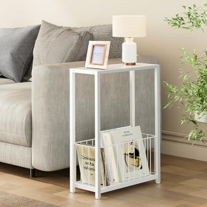 Homleke Narrow Side Tables Set of 2 with Magazine Holder, Skinny End Tables Perfect for Small Spaces, Space-Saving Design for Living Room, Bedroom, or Office, 7.1" D x 16.9" W x 23.6" H, White - color: White - Standard