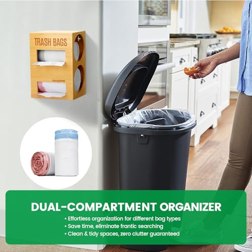 Libreshine Extra Large Bamboo 2-in-1 Trash Bag Dispenser & Roll Holder – Fits Costco Kirkland & Members Mark Jumbo Rolls, Wall/Under-Sink/Cabinet Mountable, Dual-Slot Storage for 2 Rolls - color: Natural, Large 2-slot