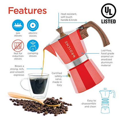 GROSCHE Milano Stovetop Espresso Maker Moka Pot 3 espresso Cup - 5oz, Red - Cuban Coffee Maker Stove top coffee maker Moka Italian espresso greca coffee maker brewer percolator - color: Red, size: 3 espresso cups