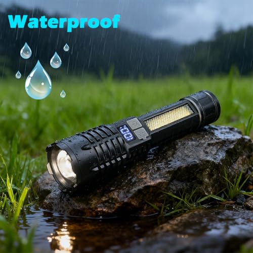 Rechargeable Flashlights with Side Light & Digital Power Display, Bright LED Flashlight with Warning Lights, 5 Modes & Waterproof for Emergency, Camping, Hiking and Home - color: Black
