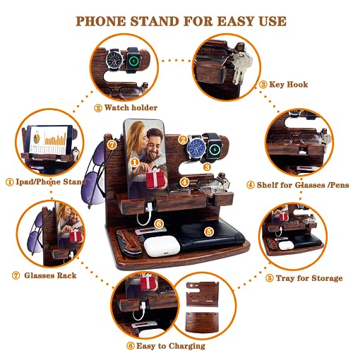 VEIYAILU Gifts for Men Women Dad Husband Boyfriend Wood Phone Docking Station Nightstand Organizer for Men Birthday Gifts (Dark Brown) - color: dark brown