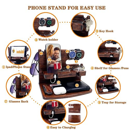 VEIYAILU Gifts for Men Women Dad Husband Boyfriend Wood Phone Docking Station Nightstand Organizer for Men Birthday Gifts (Dark Brown) - color: dark brown