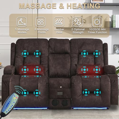 URRED Power Loveseat Recliner Sofa with Massage and Heat, Wall Hugger Reclining Loveseat with Console, RV Couch Home Theater Seating with LED Lights for Living Room (Brown, 67" - 2 Seats) - color: Brown, size: 67" - 2 Seats