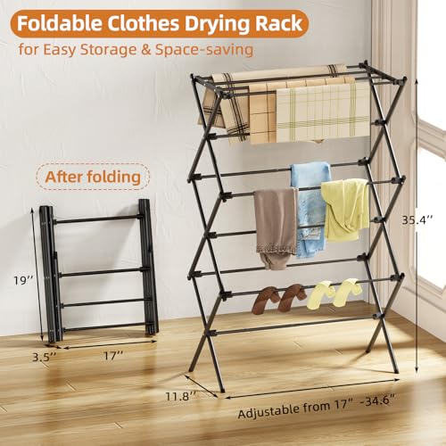 Drying Rack Clothing, 3-Tier Clothes Drying Rack Foldable, Antirust Laundry Drying Rack Collapsible Use for Indoor & Outdoor, 11.8" D x 34.6" W x 35.4" H, Black - color: Black
