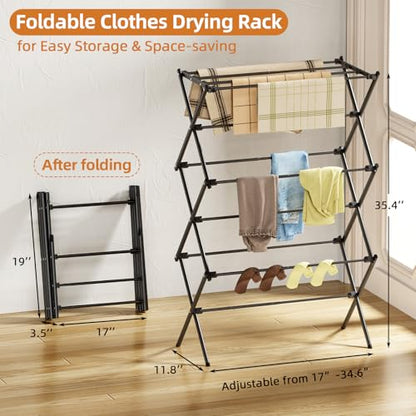 Drying Rack Clothing, 3-Tier Clothes Drying Rack Foldable, Antirust Laundry Drying Rack Collapsible Use for Indoor & Outdoor, 11.8" D x 34.6" W x 35.4" H, Black - color: Black