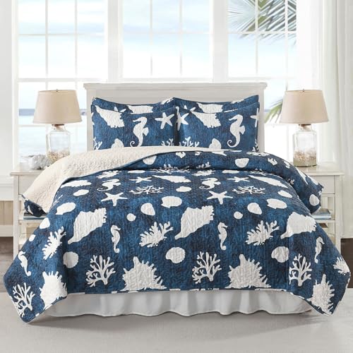 HORIMOTE HOME Coastal Quilt Bedding Set Queen Size, Reversible Navy Summer Beach Quilt Lightweight Ocean Nautical Comforter Tropical Bedspread Coverlet with 2 Pillow Shams for All Seasons (90"x96") - color: Coastal-navy, size: Full/Queen