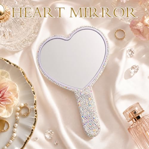 Wowagoga Sparkling Rhinestone Heart Shaped Handheld Mirror Heart Mirror Cosmetic Hand Mirror with Handle Cute Hand Mirror for Women Girls(White)