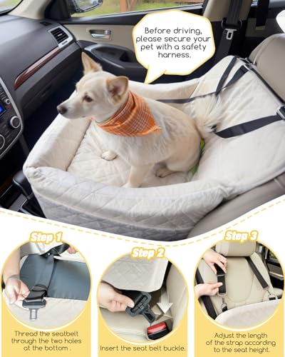 WOOAIDAGG Dog Car Seat for Medium Sized Dog,Pet Travel Car Bed with Seat Belt Channle,Fully Detachable and Washable Car Dog Seat with Adjustable Straps,3 Straps Easy to Install (Beige) - color: Beige