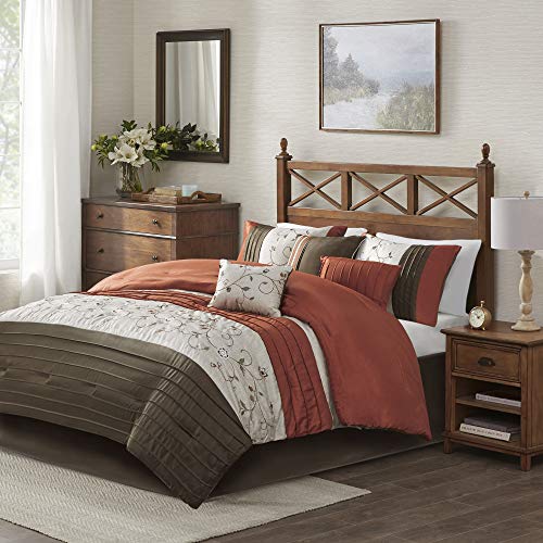 Madison Park Serene Faux Silk Comforter Set - Floral Embroidery Design, All Season Bedding Set, Matching Bed Skirt, Decorative Pillows, Spice Cal King(104"x92") 7 Piece - color: Spice, size: California King