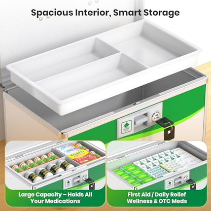 Medicine Lock Box with Keys, Small 12x7x7.7in, Aluminum Child-Safe Lock | Child-safe key lock, sturdy aluminum frame, anti-slip base, removable ABS tray, rust-proof handle, reinforced edges - size: Medium-12inch