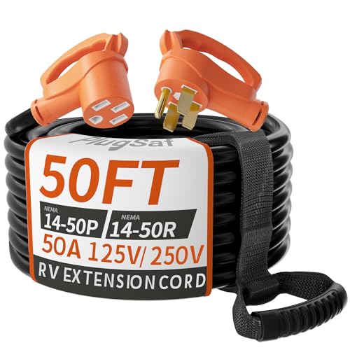 PlugSaf NEMA 14-50P/14-50R 50 FT 50 Amp RV/EV Extension Cord Outdoor with Grip Handle, 4 Prong Flexible Heavy Duty STW RV Power Cord Waterproof, 50A 125/250V 6250/12500W, Black-Orange, ETL Listed - size: 50FT, style: 50A（14-50P/R）