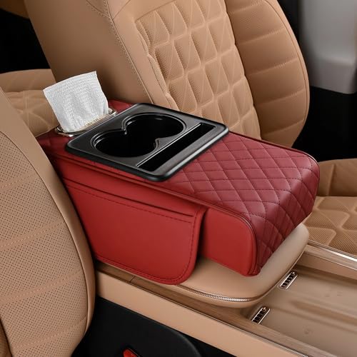 FREESOO Car Center Console Cover, Leather Armrest Cover for Car, Universal Middle Console Cushion With Storage Box, Cup Holder, Tissue Box, Phone Slot, Luxury Waterproof Interior Accessories, Wine Red - color: Wine Red