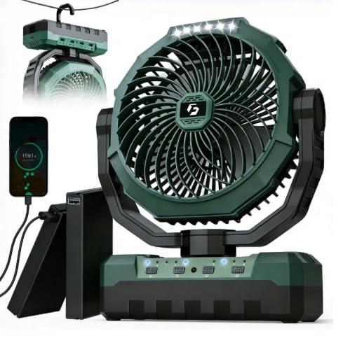 36000mAh Portable Camping Fan - 120HRS Rechargeable Fan with Detachable Battery with LED - 4 Speeds Battery Powered for Tent,Travel, Office, Jobsite, Green - color: Green