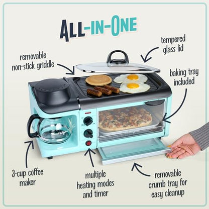 Nostalgia 3-in-1 Breakfast Station - Includes Coffee Maker, Non-Stick Griddle, and 4-Slice Toaster Oven - Versatile Breakfast Maker with Timer - Aqua - color: Aqua, style: Classic Retro