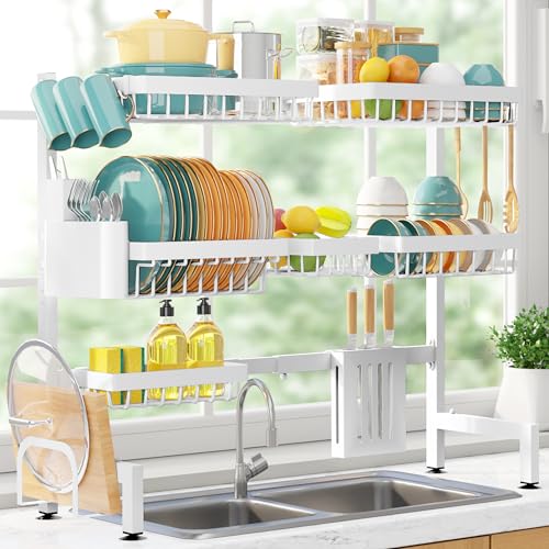 Sakugi Over The Sink Dish Drying Rack - Adjustable 3 Tier XX-Large Capacity Stainless Steel Drainer with Cutlery & Utensil Holders, Kitchen Storage & Organization, 31.5"-39.5"L x 12"W x 30.5"H, White - color: White, size: Ultra - 6 Baskets