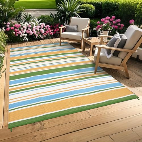 GAOMON Geometric Striped 8x10 Outdoor Rug Waterproof Colorful Reversible Plastic Straw Carpet UV-Resistant Portable Modern Camping Outdoor Rugs for RV Deck Trailer Beach, Yellow Blue Green White - color: Geometric Stripes| Yellow Blue Green White, size: 8
