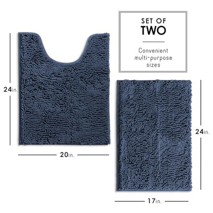 Hearth & Harbor Bathroom Rugs, Chenille Bath Mat - Machine Washable Bath Mats for Bathroom Non-Slip Backing Rubber, Quick Dry Bathroom Mat - Navy Blue 17x24-20x24 - color: Navy Blue, style: 17 x 24 + 20 x 24
