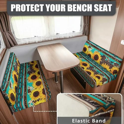 NDISTIN Green Aztec Sunflower Camper Couch Cushion Covers Dinette 2Pcs RV Dinette Cushion Covers Booth Set with 1 Bench Cover & 1 Backrest Cover Rv Bench Seat Covers for Dinette - color: Green Aztec Sunflower
