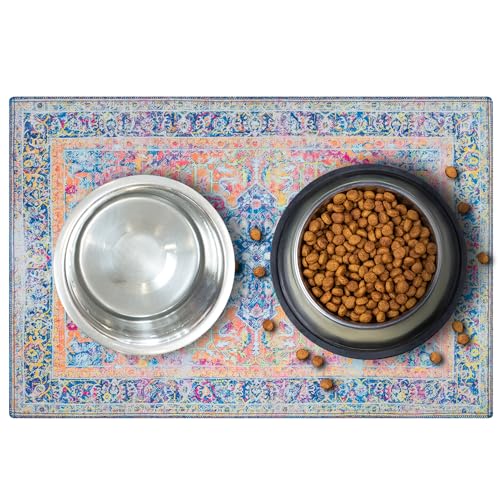Lovewag Pets Waterproof 2-Pack Pet Feeding Mats - 16" x 24" Premium Cat & Dog Food Mat - Non-Slip, Machine Washable Mat Protects Floors & Contains Water Bowl Spills - Place Mats (Marmalade Sunshine) - color: Marmalade Sunshine