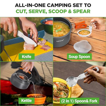 NutriChef Camping Cookware Set - Lightweight Nonstick Pots, Pans, Utensils, Bowls, Cutlery, and Cleaning Tools with Mesh Bag, Foldable Handles, Compact Outdoor Cooking Gear for Hiking & Travel (Grey)