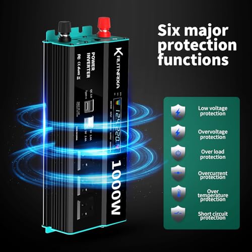 1000W Power Inverters 12V DC to 110V AC Converter for Vehicles USB-C/PD 25 Watts Fast Charging Ports Car Charger Adapter with a Cigarette Lighter Ports Plug Outlet - size: Modified sine wave-1000W
