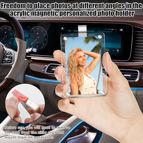 2 Pcs Car Sun Visor Photo Holder, Acrylic Magnetic Car Picture Holder with Visor Clips, Transparent Personalized Frame for Family Photos, Universal Fit for All Vehicles