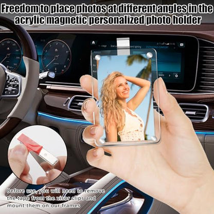 2 Pcs Car Sun Visor Photo Holder, Acrylic Magnetic Car Picture Holder with Visor Clips, Transparent Personalized Frame for Family Photos, Universal Fit for All Vehicles