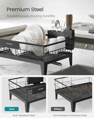 SONGMICS Dish Drying Rack, Kitchen Dish Rack with Drainboard, 360° Rotatable and Extendable Spout, with Cutlery Holder, 12.2 x 16.5 x 7.3 Inches, Ink Black UKCS550B01 - color: Ink Black, style: with Drainboard