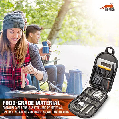 BOMKI Grilling and Camping Cooking Utensils Set for The Outdoors BBQ - Camping Utensil Set Camping Kitchen Set Cookware Accessories with Case Camping Essentials Camping Stuff Camp Cooking Set - style: Black Lite
