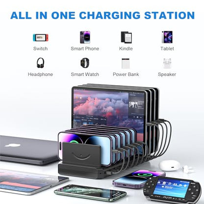 Charging Station for Multiple Devices, Cinlinso 60W 10 Port USB Fast Charging Station with Adjustable Dividers, Compatible with iPhone, iPad, Tablets and Cell Phone (Black)