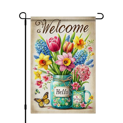 BlissYard Welcome Garden Flag 12x18 Inch Double Sided Floral Mason Jar Yard Banner Colorful Spring Flowers Butterfly Rustic Farmhouse Burlap Garden Flag for Porch Patio Lawn Spring Summer Decoration - color: Welcome Garden Flag
