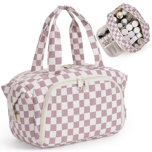 Narwey Travel Toiletry Bag for Women, Large Makeup Bag, Wide Open Cosmetic Make Up Organizer with Handle, Wet Pocket for Towel, Travel Bag for Toiletries, Brushes, Essentials (Dusty Pink Checker) - color: Dusty Pink Checkerboard
