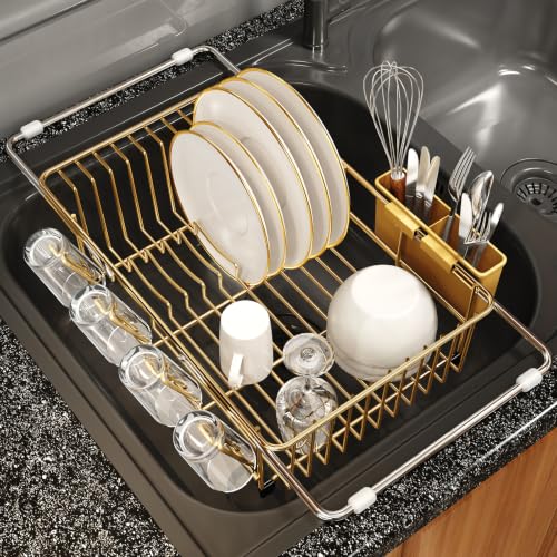 MAJALiS Gold Dish Drying Rack Over The Sink with Utensil Holder | Expandable Stainless Steel Dish Drainer for Small Kitchen, Apartment, RV, Counter Space Saving, Perfect Fit, Rustproof - color: Gold, size: For 11.5"-16" W Sink with Cup Holder