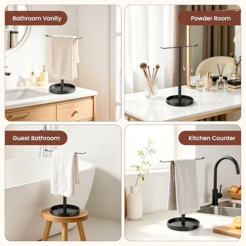 Stainless Steel Hand Towel Holder with Storage Tray for Bathroom Countertop | Weighted base with anti-slip pads keeps towels stable while the tray neatly stores jewelry, watches and essentials. - color: Black-1p（with Tray）